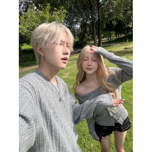 小衆設計感情侶裝毛衣2025秋冬一字肩純欲顯瘦針織衫一長一短上衣