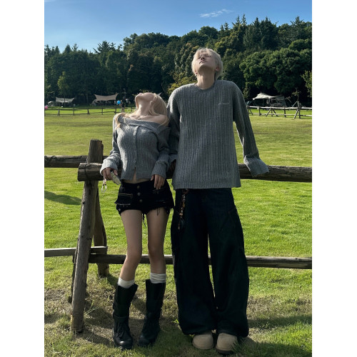 小衆設計感情侶裝毛衣2025秋冬一字肩純欲顯瘦針織衫一長一短上衣