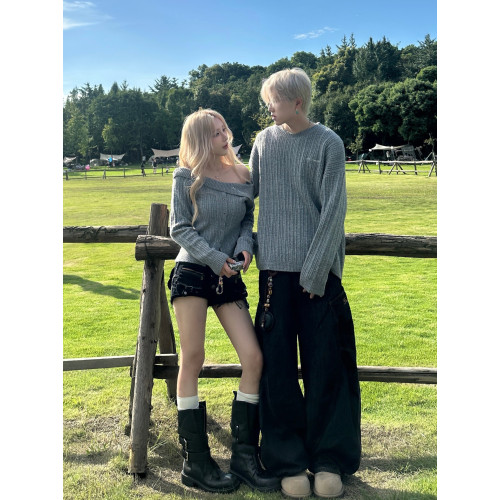 小衆設計感情侶裝毛衣2025秋冬一字肩純欲顯瘦針織衫一長一短上衣