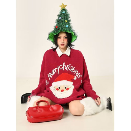 韓版oversize聖誕老人紅色針織衫男女秋冬寬松chic氛圍感情侶毛衣 韓版oversize聖誕老人紅色針織衫男女秋冬寬松chic氛圍感情侶毛衣