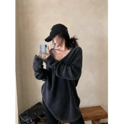 格雷系氣質v領中長款套頭毛衣女早秋慵懶洋氣寬松獨特長袖針織衫