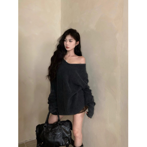 格雷系氣質v領中長款套頭毛衣女早秋慵懶洋氣寬松獨特長袖針織衫