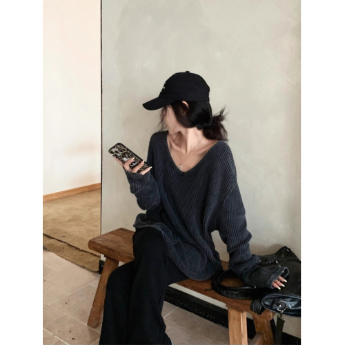 格雷系氣質v領中長款套頭毛衣女早秋慵懶洋氣寬松獨特長袖針織衫