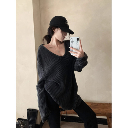 格雷系氣質v領中長款套頭毛衣女早秋慵懶洋氣寬松獨特長袖針織衫