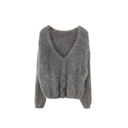 仿貂毛V領毛衣外套女2023秋冬韓國chic慵懶風開衫長袖針織衫上衣