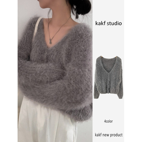 仿貂毛V領毛衣外套女2023秋冬韓國chic慵懶風開衫長袖針織衫上衣