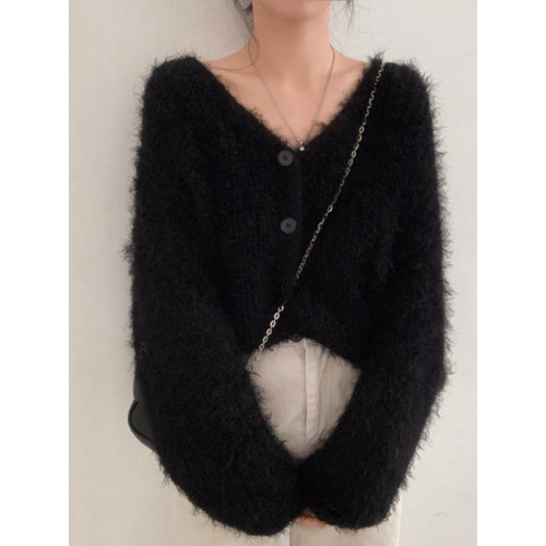 仿貂毛V領毛衣外套女2023秋冬韓國chic慵懶風開衫長袖針織衫上衣