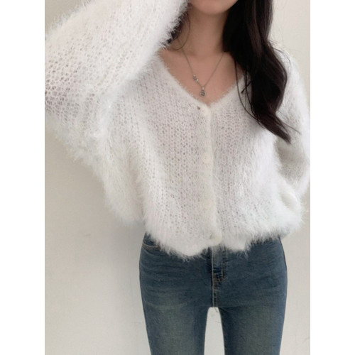 仿貂毛V領毛衣外套女2023秋冬韓國chic慵懶風開衫長袖針織衫上衣