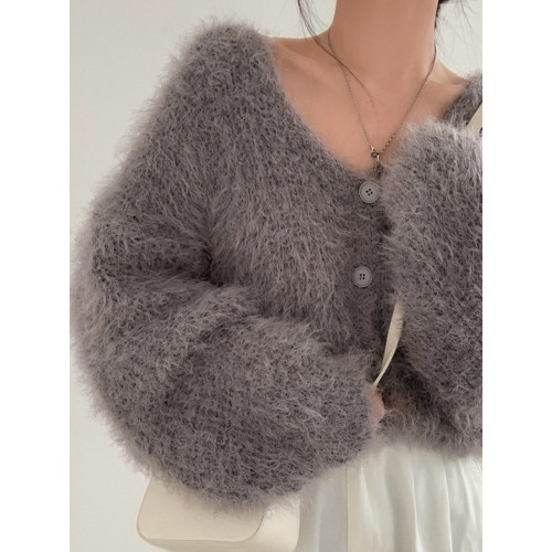 仿貂毛V領毛衣外套女2023秋冬韓國chic慵懶風開衫長袖針織衫上衣