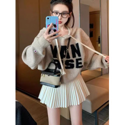 韓版慵懶感減齡時髦氣質字母連帽毛衣秋冬新款百搭短款針織衫上衣