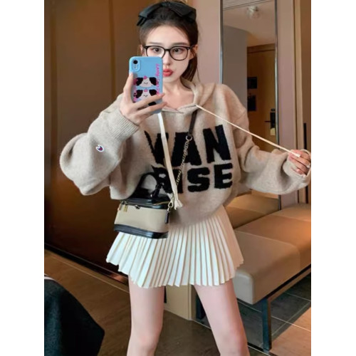 韓版慵懶感減齡時髦氣質字母連帽毛衣秋冬新款百搭短款針織衫上衣