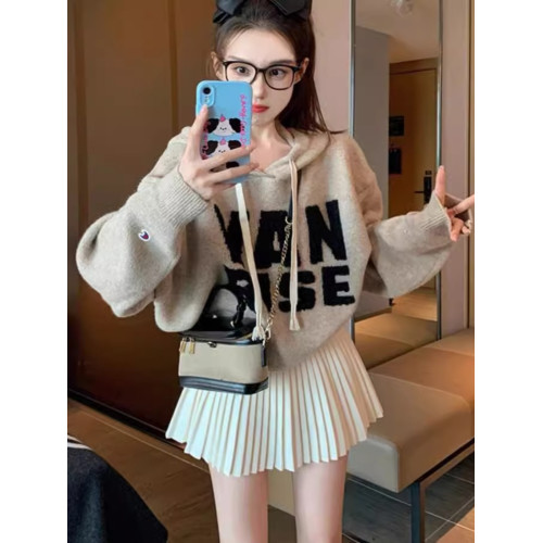 韓版慵懶感減齡時髦氣質字母連帽毛衣秋冬新款百搭短款針織衫上衣