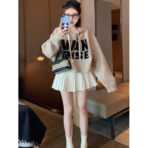 韓版慵懶感減齡時髦氣質字母連帽毛衣秋冬新款百搭短款針織衫上衣