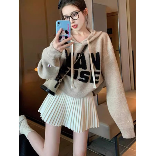 韓版慵懶感減齡時髦氣質字母連帽毛衣秋冬新款百搭短款針織衫上衣