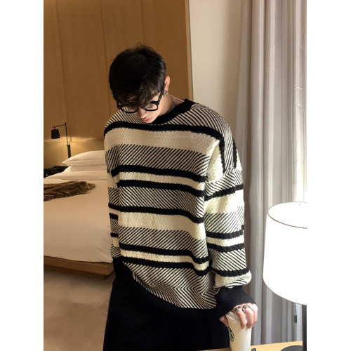ESC MAN STUDIO/自製 CHIC風個性條紋拼色 寬松百搭質感套頭毛衣