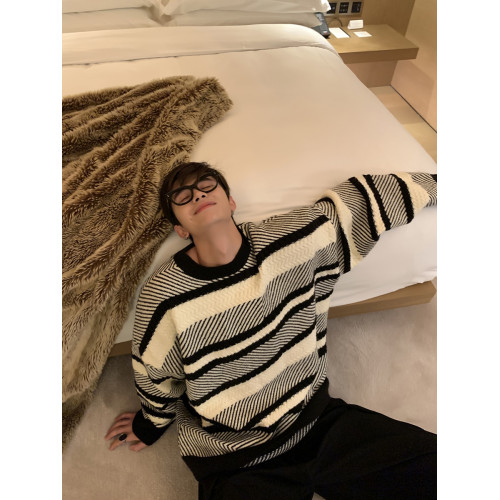 ESC MAN STUDIO/自製 CHIC風個性條紋拼色 寬松百搭質感套頭毛衣