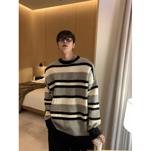 ESC MAN STUDIO/自製 CHIC風個性條紋拼色 寬松百搭質感套頭毛衣