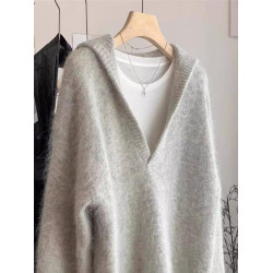 歐貨老錢風灰色v領馬海毛毛衣女秋冬慵懶高級感軟糯大翻領針織衫