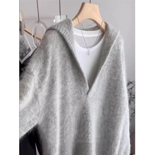 歐貨老錢風灰色v領馬海毛毛衣女秋冬慵懶高級感軟糯大翻領針織衫