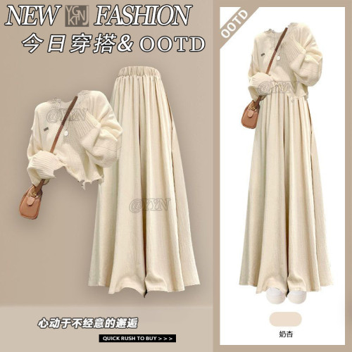 韓系休閒百搭簡約針織上衣女秋冬季2025新款搭配直筒濶腿半身裙褲