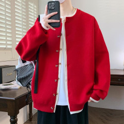 韓版高級感假兩件針織開衫男士秋冬季潮流休閒大紅色本命毛衣外套