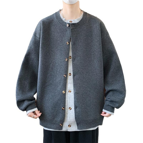 韓版高級感假兩件針織開衫男士秋冬季潮流休閒大紅色本命毛衣外套