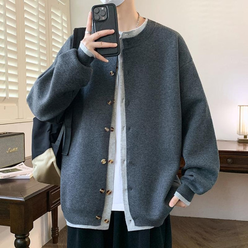 韓版高級感假兩件針織開衫男士秋冬季潮流休閒大紅色本命毛衣外套