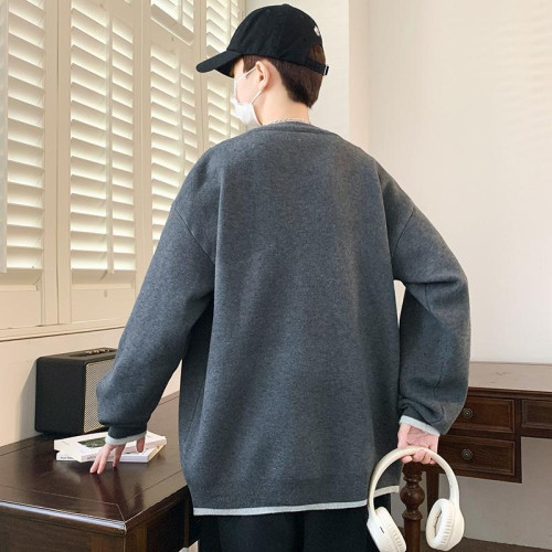 韓版高級感假兩件針織開衫男士秋冬季潮流休閒大紅色本命毛衣外套