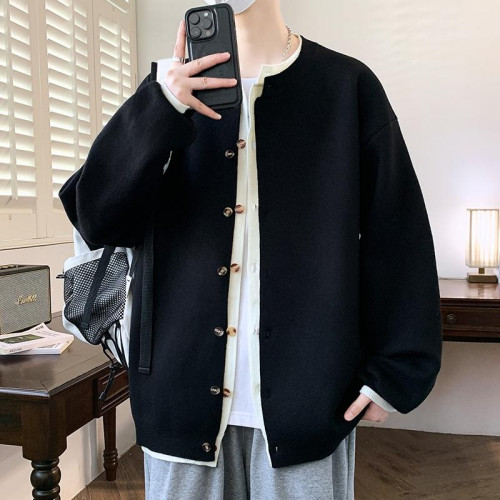 韓版高級感假兩件針織開衫男士秋冬季潮流休閒大紅色本命毛衣外套