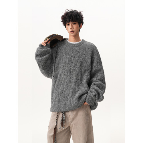 復古氛圍感圓領毛衣男女秋冬寬松慵懶感麻花厚實情侶針織外套上衣