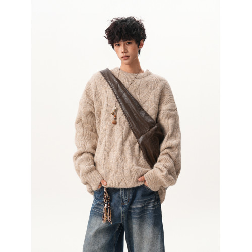 復古氛圍感圓領毛衣男女秋冬寬松慵懶感麻花厚實情侶針織外套上衣