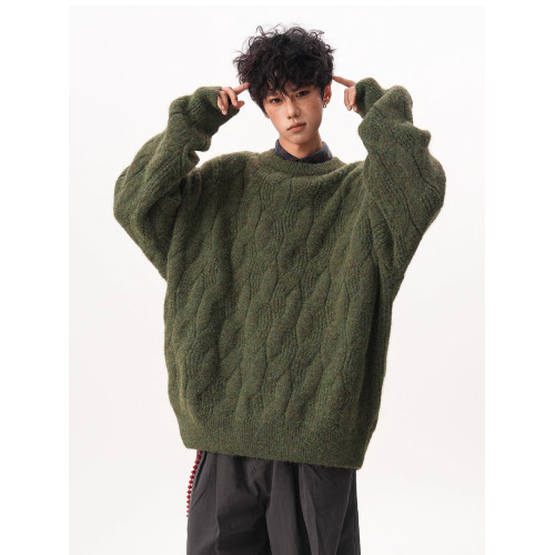 復古氛圍感圓領毛衣男女秋冬寬松慵懶感麻花厚實情侶針織外套上衣