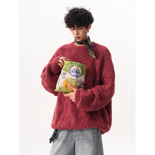 復古氛圍感圓領毛衣男女秋冬寬松慵懶感麻花厚實情侶針織外套上衣