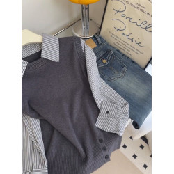 韓系假兩件撞色條紋針織拼接翻領襯衫女秋2025學院風減齡百搭上衣