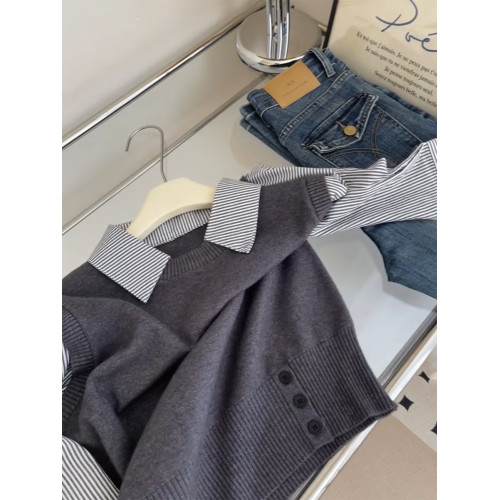 韓系假兩件撞色條紋針織拼接翻領襯衫女秋2025學院風減齡百搭上衣