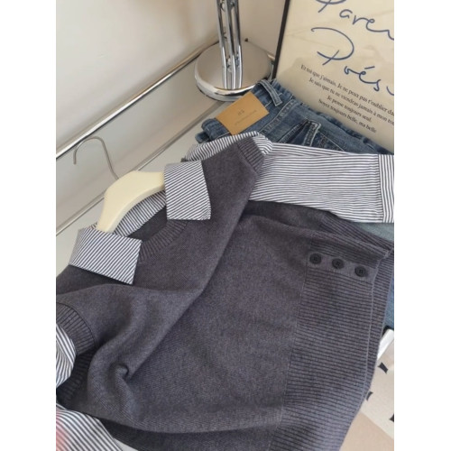 韓系假兩件撞色條紋針織拼接翻領襯衫女秋2025學院風減齡百搭上衣