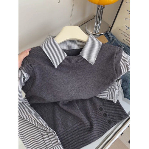 韓系假兩件撞色條紋針織拼接翻領襯衫女秋2025學院風減齡百搭上衣