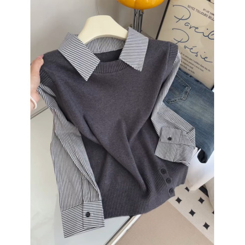 韓系假兩件撞色條紋針織拼接翻領襯衫女秋2025學院風減齡百搭上衣