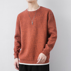 純色冬季圓領毛衣男日系加絨寬松針織線衣加厚內搭休閒百搭打底衫