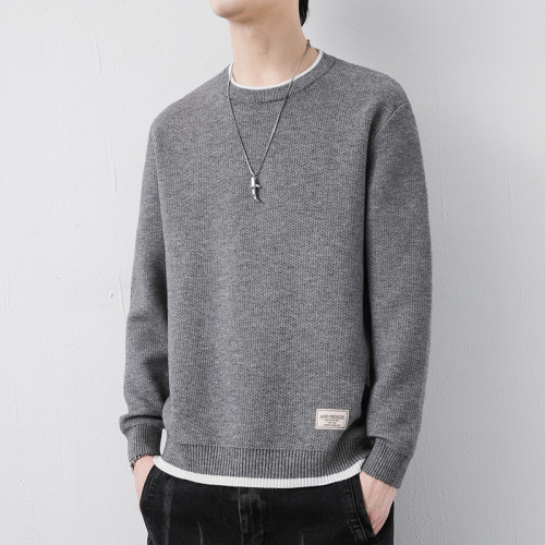 純色冬季圓領毛衣男日系加絨寬松針織線衣加厚內搭休閒百搭打底衫