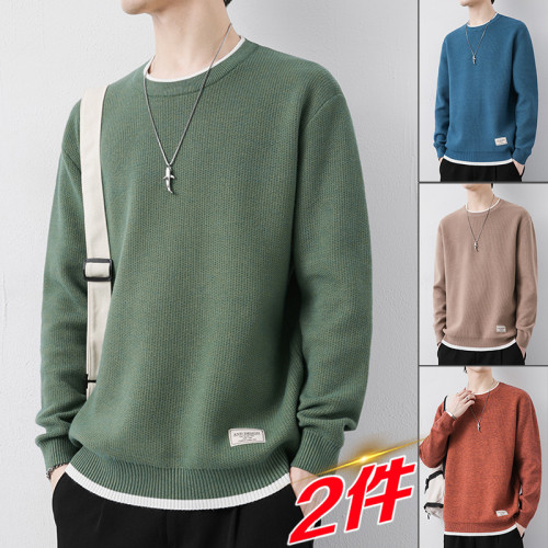 純色冬季圓領毛衣男日系加絨寬松針織線衣加厚內搭休閒百搭打底衫