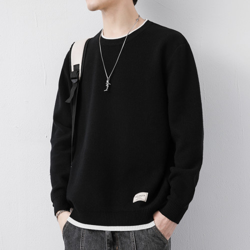 純色冬季圓領毛衣男日系加絨寬松針織線衣加厚內搭休閒百搭打底衫