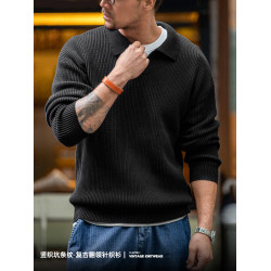 馬登工裝 美式復古海鷗領polo衫寬鬆慵懶套頭坑條針織衫毛衣男秋