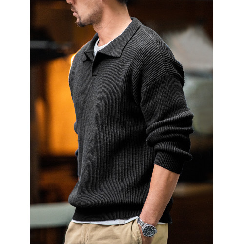 馬登工裝 美式復古海鷗領polo衫寬鬆慵懶套頭坑條針織衫毛衣男秋