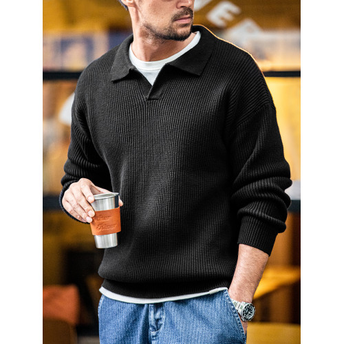 馬登工裝 美式復古海鷗領polo衫寬鬆慵懶套頭坑條針織衫毛衣男秋