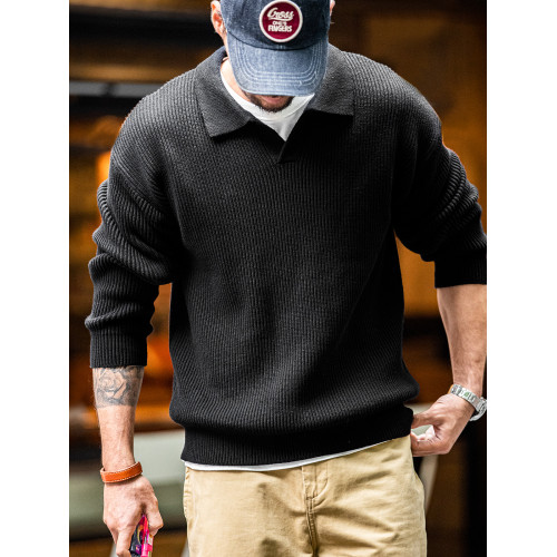 馬登工裝 美式復古海鷗領polo衫寬鬆慵懶套頭坑條針織衫毛衣男秋