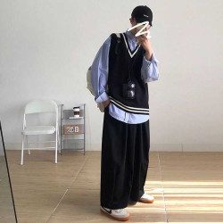 日系毛衣針織衫背心馬甲一套寬松百搭情侶學院風男生秋季穿搭套裝