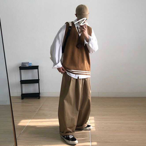 日系毛衣針織衫背心馬甲一套寬松百搭情侶學院風男生秋季穿搭套裝