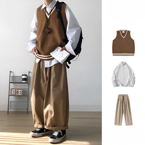 日系毛衣針織衫背心馬甲一套寬松百搭情侶學院風男生秋季穿搭套裝