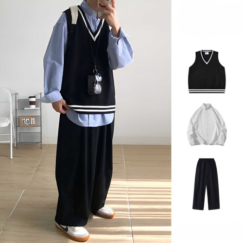 日系毛衣針織衫背心馬甲一套寬松百搭情侶學院風男生秋季穿搭套裝